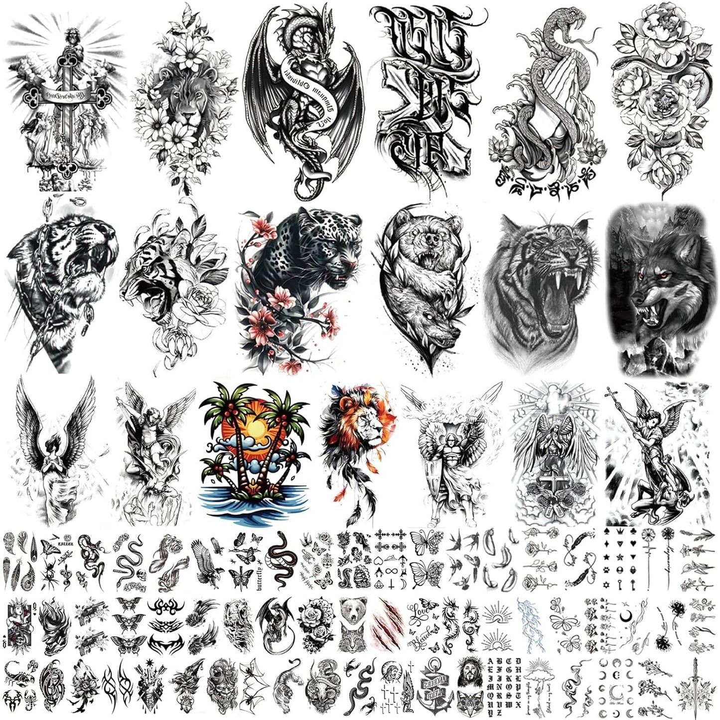 105 Sheets Large Temporary Tattoos For Women Men Adult, Dragon Tiger Wolf Tribal Christian Floral Halloween Fake Tattoo Stickers, Black Realistic Arm, Leg, Hand Body Waterproof Art