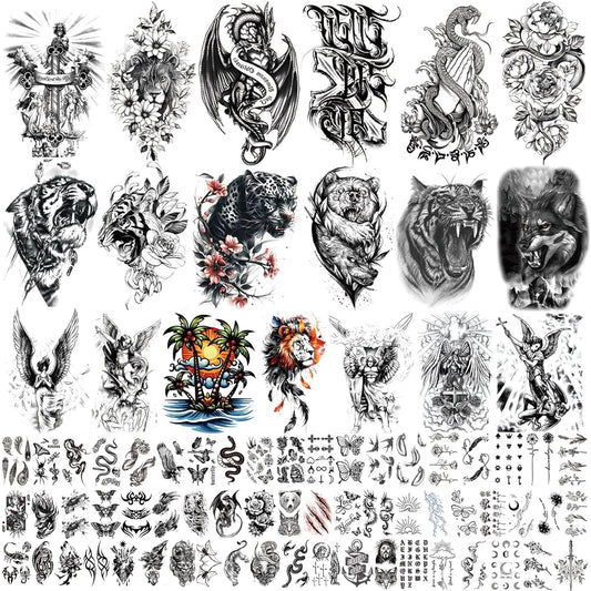 105 Sheets Large Temporary Tattoos For Women Men Adult, Dragon Tiger Wolf Tribal Christian Floral Halloween Fake Tattoo Stickers, Black Realistic Arm, Leg, Hand Body Waterproof Art