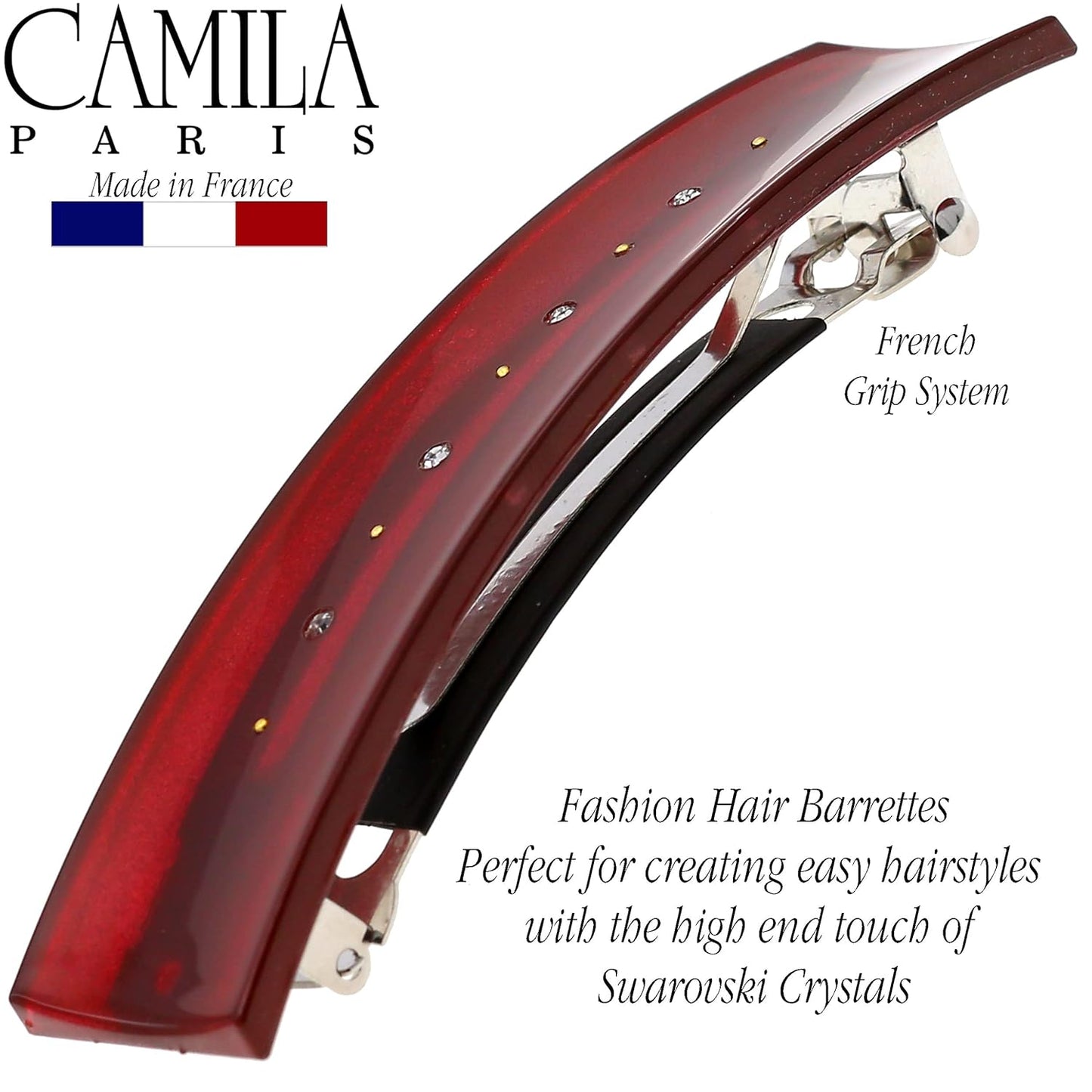 Camila Paris CP3190 French Hair Barrette Clip for Girls, Red, Rubberized Automatic Clasp Strong Hold Grip Hair Clips for Women, No Slip and Durable Styling Girls Hair Accessories, Made in France