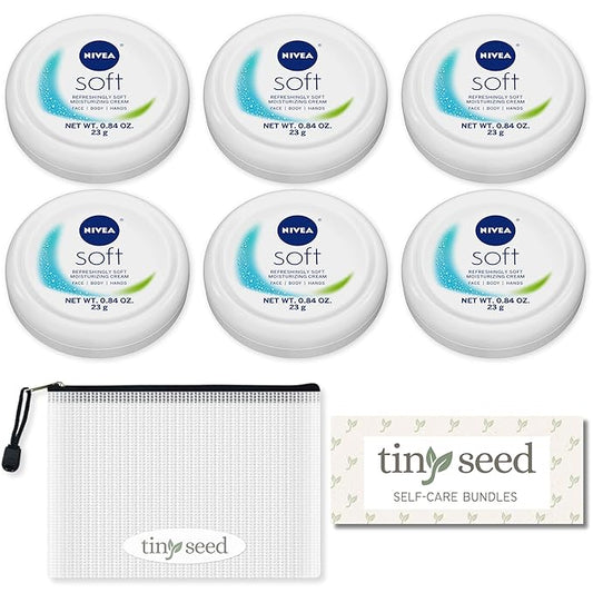 TINY SEED 6-Pack Travel Kit: Soft Cream Travel Size (0.84 oz each). Soft Moisturizing Cream for Face, Hands, and Body. Includes Complimentary Travel Zipper Pouch.