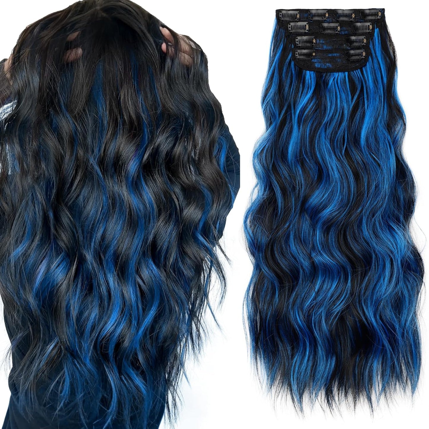 KooKaStyle Clip in Long Wavy Synthetic Hair Extension 24 Inch Blue - Black Streak 4PCS Thick Hairpieces Fiber Double Weft Hair for Women