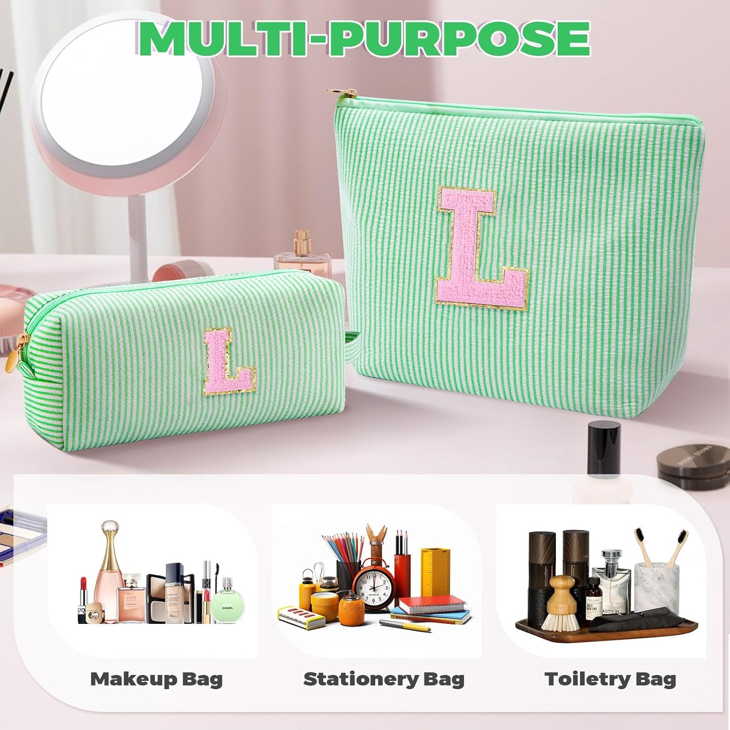 Monogrammed Gifts for Women - Cosmetic Bag for Teen,Initial Cute Makeup Bag Set for Women,Trendy Pouch for Niece Sister Friend Female Her,Birthday Gifts for Daughter - Green,L