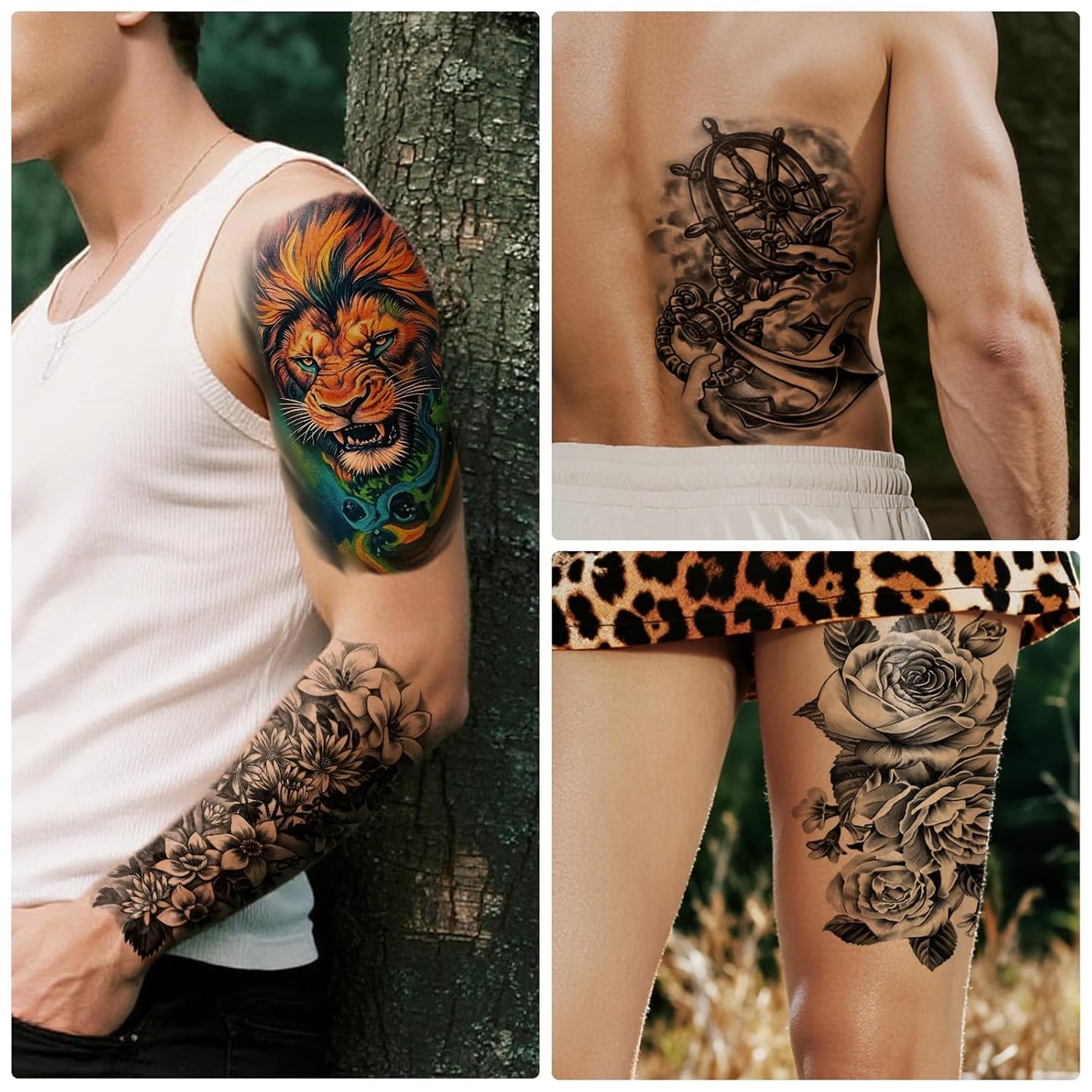 Large Temporary Tattoo Men and Women, 36 Sheets Half Arm and Small Tattoos for Adults, Animal Fake Tattoo Designs with Lions and Tigers