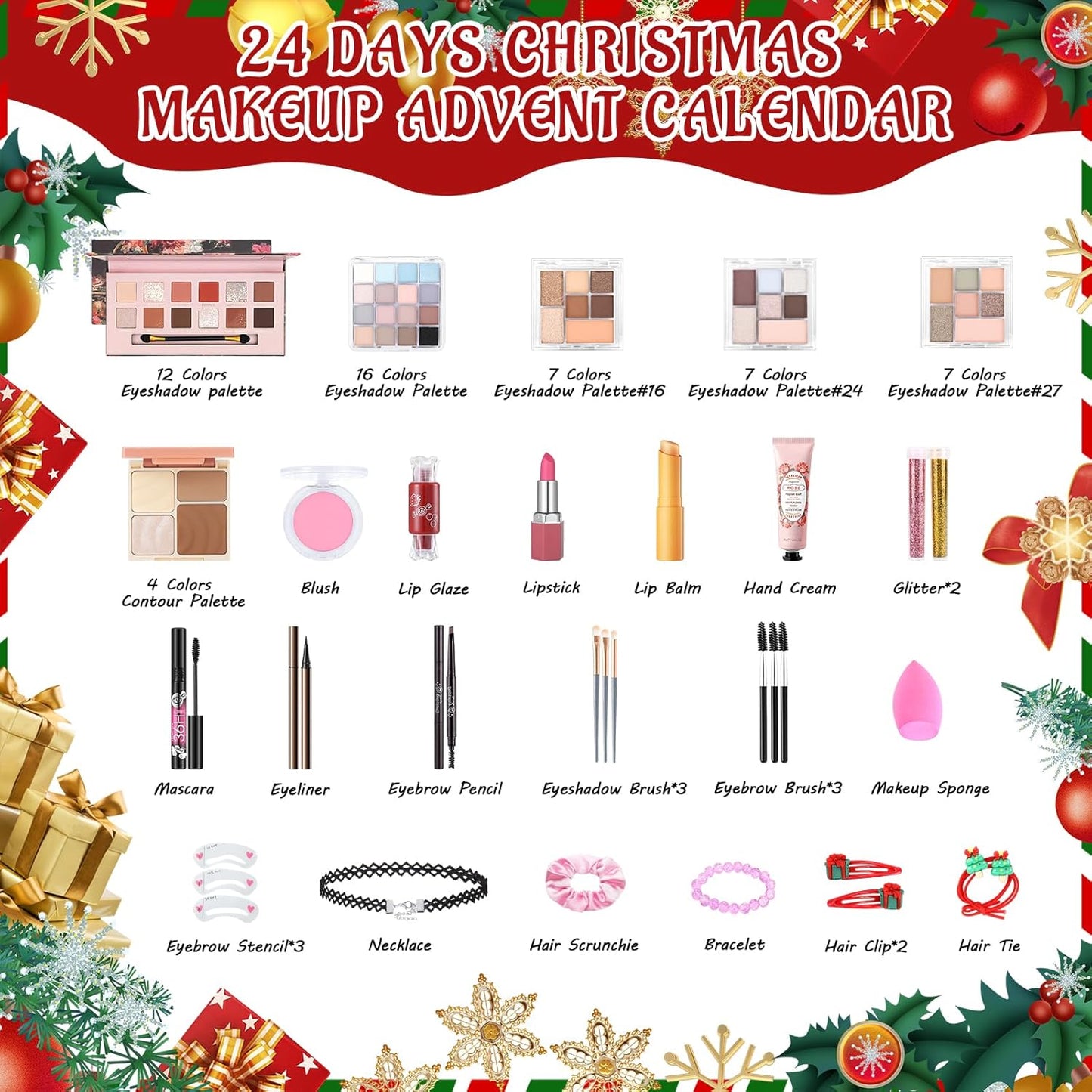 Erinde Makeup Advent Calendar 2025, 24 Days Christmas Gift Makeup Set for Teen Girls & Women, 2025 Xmas Holiday Countdown Calendar Beauty & Cosmetics Holiday Surprise Make Up Gift Kits for Women