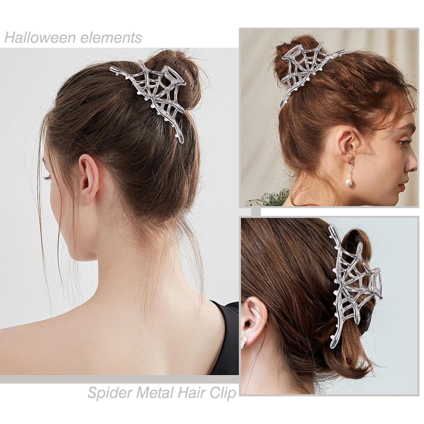 Halloween Metal Silver Alloy Spider Web Hair Claw Clips - Strong Hold Nonslip Gothic Punk Catch Clips for Women - Thick or Thin Hairs
