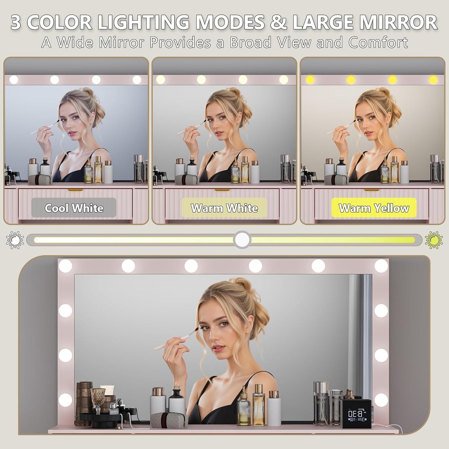 Fluted Makeup Vanity with Large Lighted Mirror and Chair, 7 Drawer Dressing Table with Power Outlet and USB, Elegant Vanity Desk with Cushioned Stool for Bedroom, Women, Girls