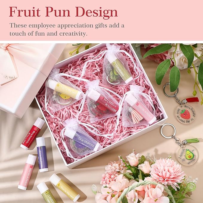 30 Sets Moisturizing Lip Balms Bulk Employee Appreciation Gifts with Fruit Pun Keychains and Organza Bags for Coworker Teacher Appreciation Mothers Day Gifts
