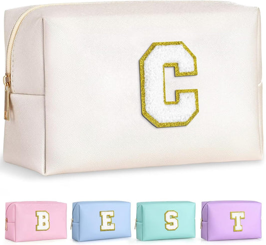 TOPEAST Gifts for Friends Female Mom, Cute Makeup Bag Small Pink Cosmetic Bag Travel Toiletry Bag, Personalized Birthday Gift for Women Girl, Preppy Travel Stuff for Girls (White C)