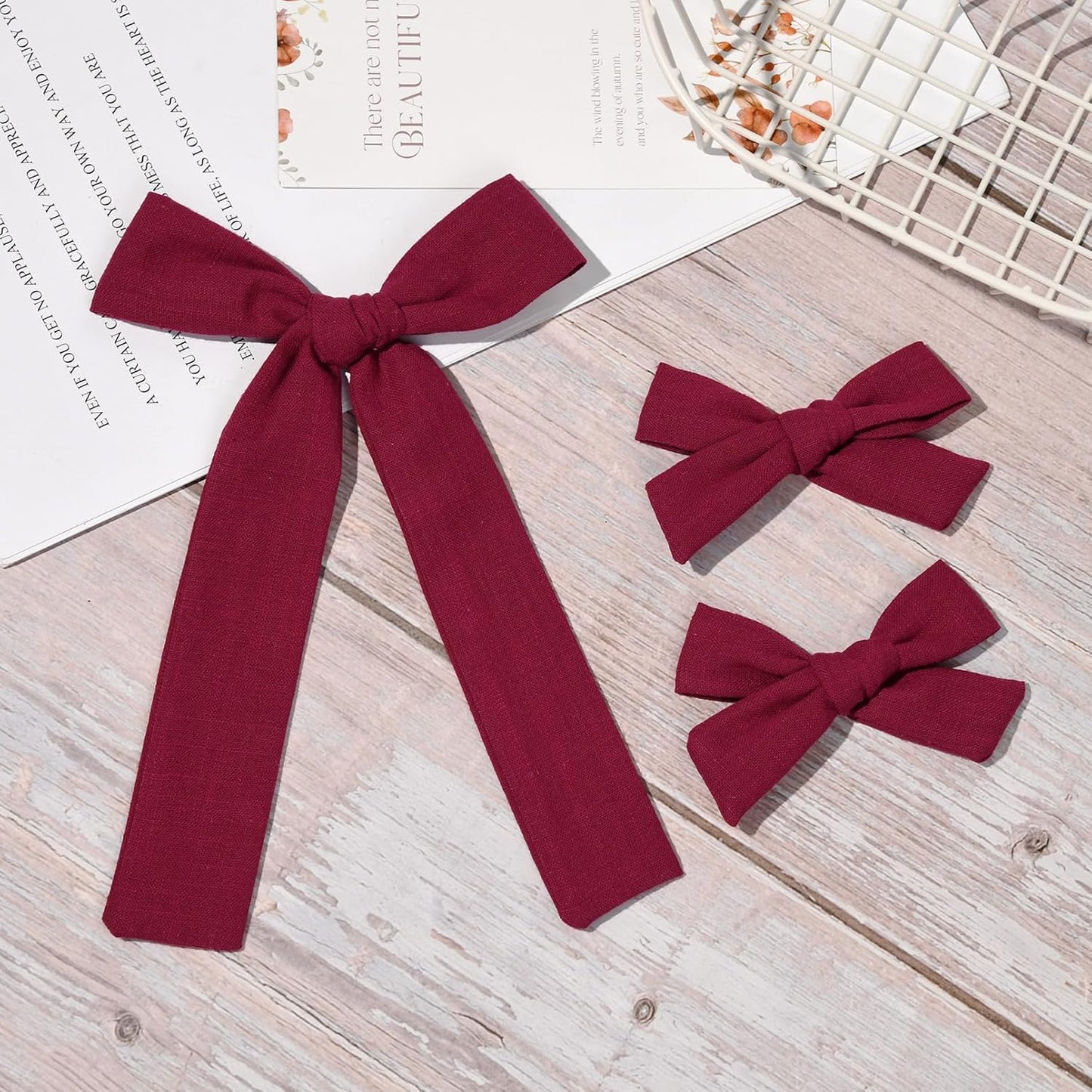 DEEKA Burgundy Cotton Linen Hair Bows 2 Sizes 5"&3.5" Soft Hair Bow set for Toddler Girls Long Ponytail Knot Bows Alligator Clip Hair Accessories for Little School Girls (Burgundy)