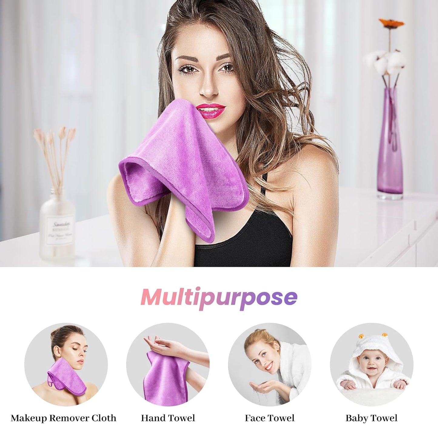 8 Pack Makeup Remover Cloth,13x7 Inch Reusable Makeup Remover Towels, Ultra Soft Microfiber Face Cloth Reusable Facial Washcloths, 4 Colors