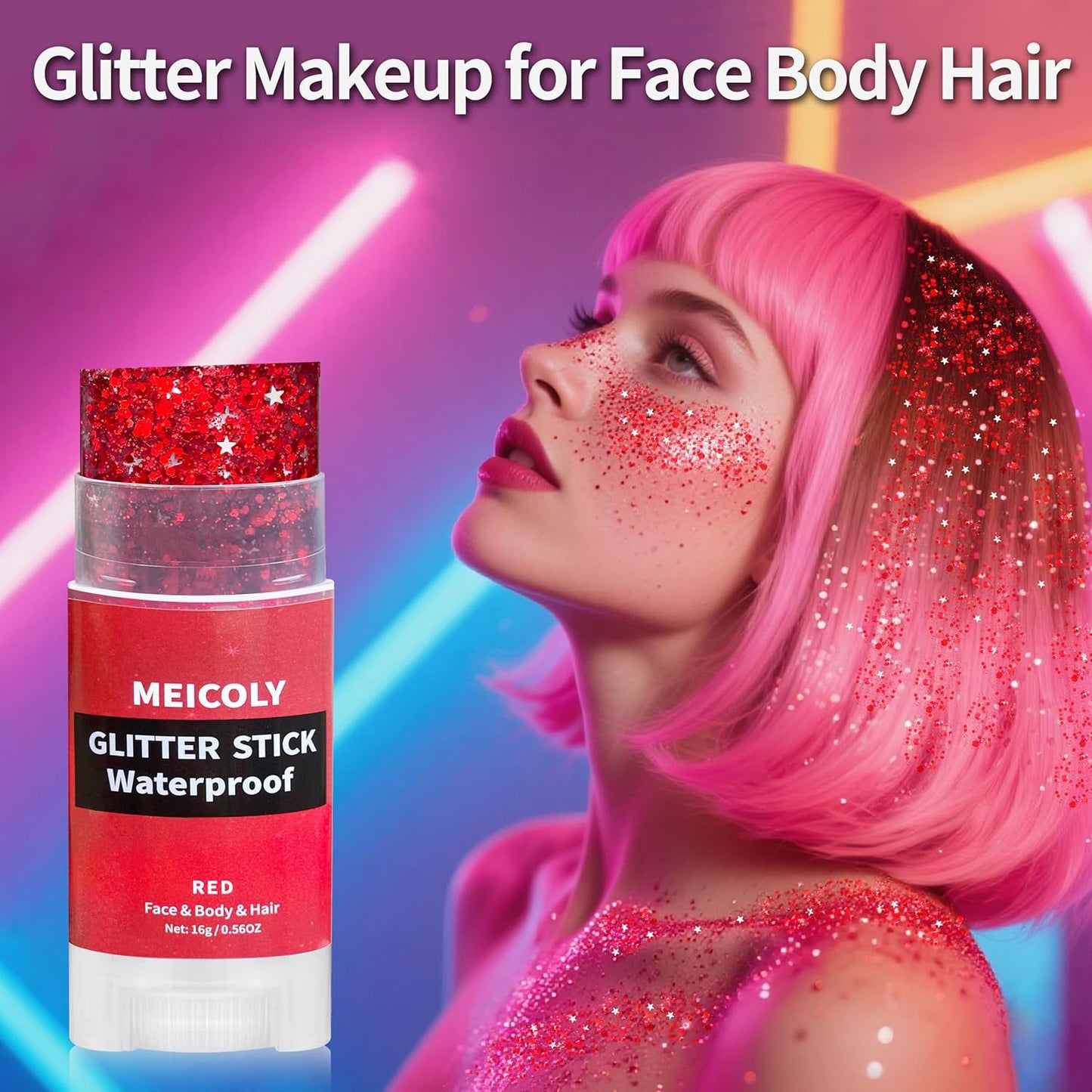 MEICOLY Red Face Body Glitter Stick,Hair Glitter Stick for Kids and Women,Sparkle Chunky Glitter Makeup for Halloween Mardi Gras,Waterproof Face Glitter for Party Rave Festival