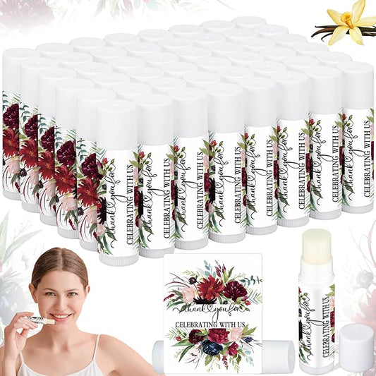 50 Pcs Wedding Bridal Shower Gifts Party Favors Bulk Floral Lip Balm Baby Shower Thank You Appreciation Gifts for Women Tea Bachelorette Party(Wedding Flower)