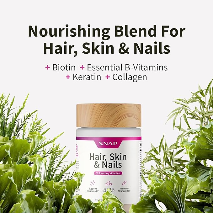 Snap Supplements Hair, Skin and Nails Vitamins, Support Hair Growth, Nourish Skin and Nails with Biotin, Collagen, Kelp, Bamboo and Other Vitamins, Radiant Skin, Strong Hair and Nails, 60 Capsules