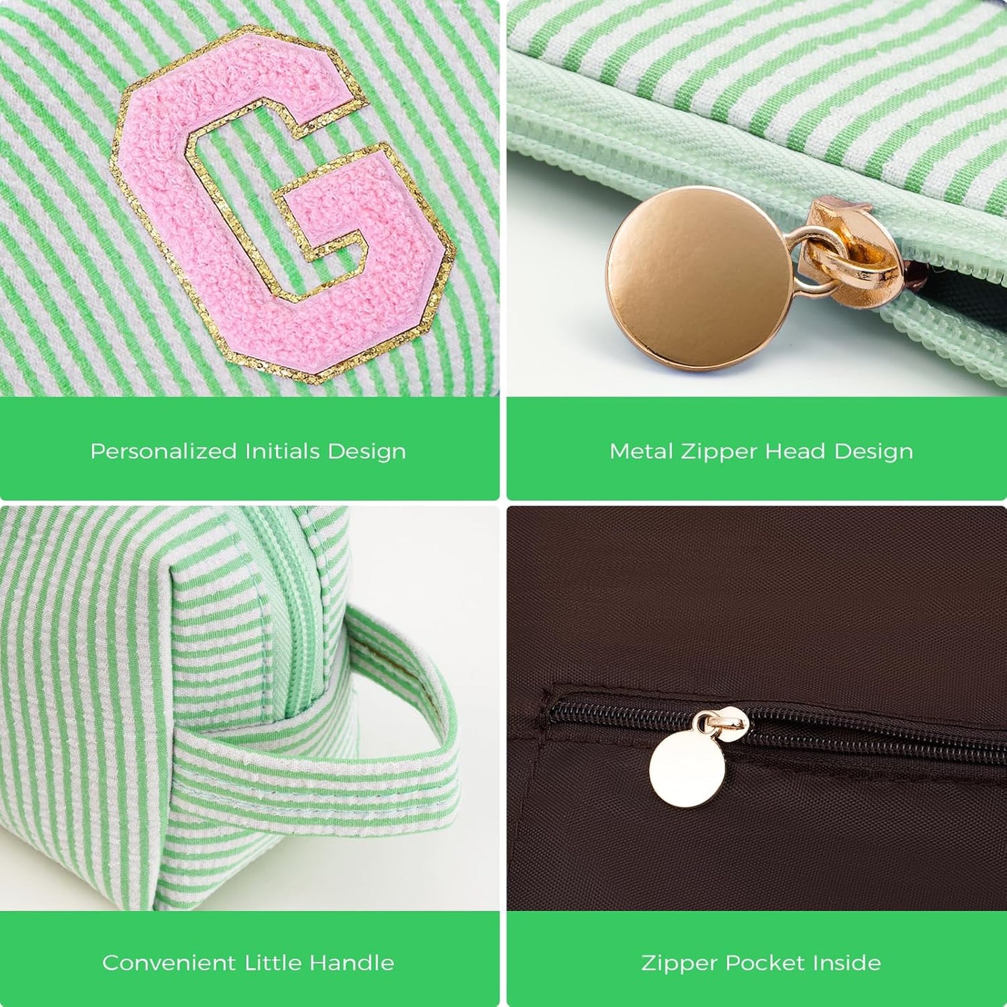 Personalized Makeup Bag for Women Girls - Fashion Cosmetic Bag Trendy Travel Toiletry Bag with Initials Letter - Teen Gifts - Green,G