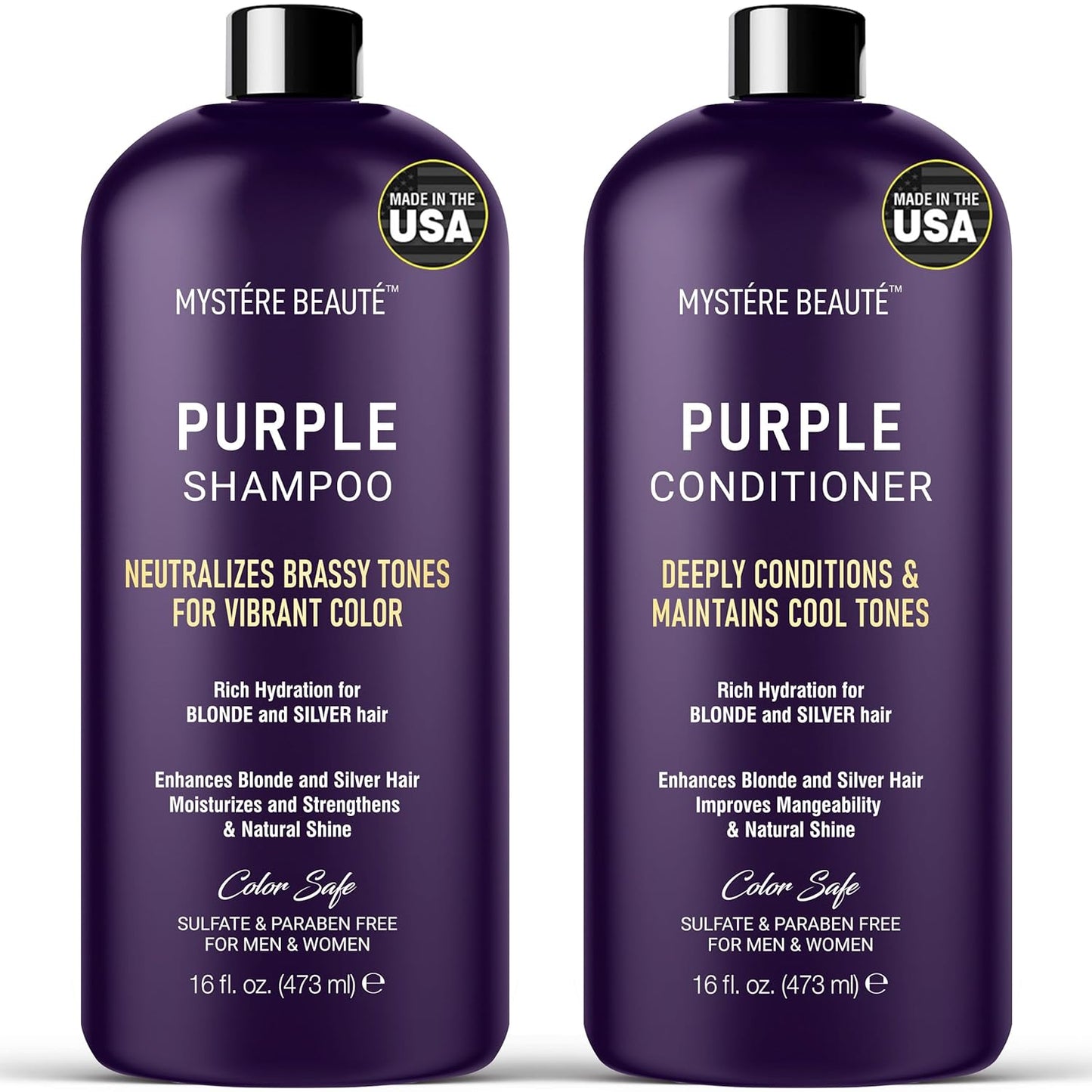 Purple Shampoo and Conditioner Set, For Blonde, Silver, and Gray Hair - Purple Shampoo Conditioner for Men Women, Sulfate Free Anti Yellowing Vibrant Color Protection - 16 fl oz each