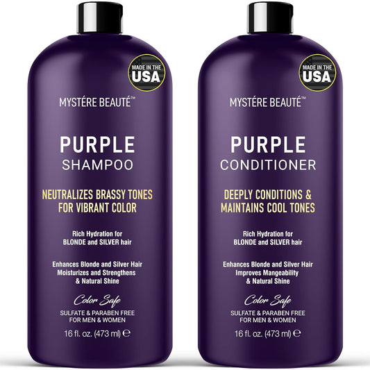 Purple Shampoo and Conditioner Set, For Blonde, Silver, and Gray Hair - Purple Shampoo Conditioner for Men Women, Sulfate Free Anti Yellowing Vibrant Color Protection - 16 fl oz each
