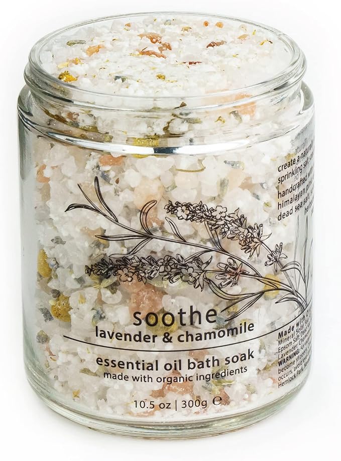 Hemlock Park Soothe Essential Oil Bath Soak | Naturally Soothing Mineral Sea Salt and Botanicals | 10.5 oz Jar | Lavender & Chamomile