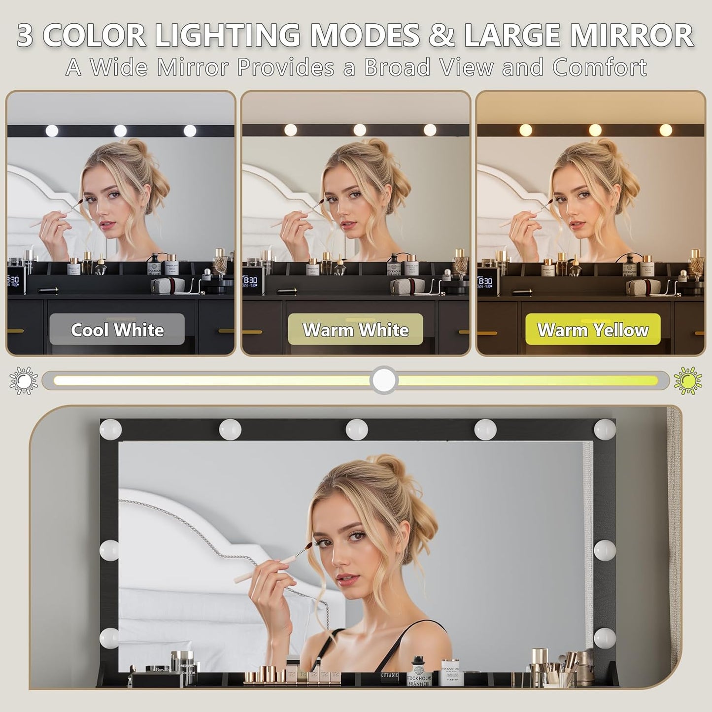 Makeup Vanity with Large Lighted Mirror and Chair, 7 Drawers Vanity Makeup Desk Table with Power Strip, Adjustable Lighting, and Cushioned Storage Stool for Women, Girls