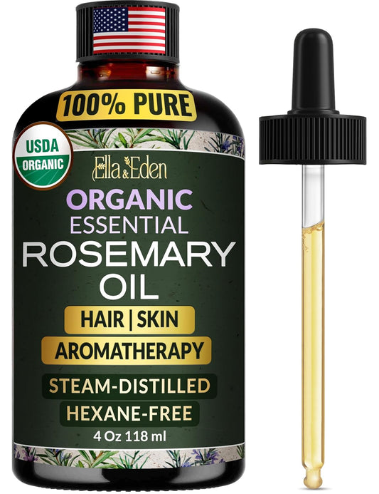 Ella & Eden Organic Rosemary Essential Oil - BIG 4 Oz bottle, 100% Pure, Steam-Distilled, Hexane-Free - for Hair Growth, Skin, Aromatherapy - Glass Bottle