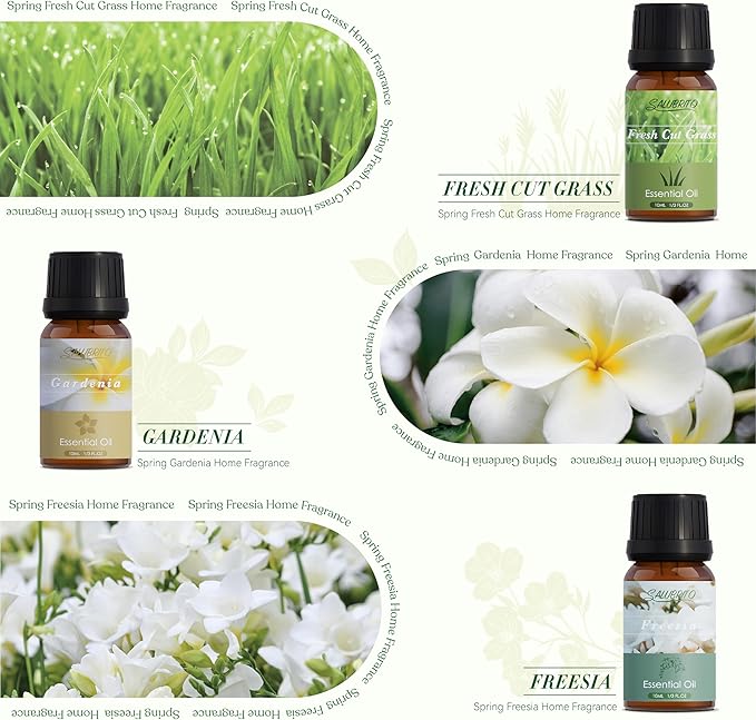 SALUBRITO Spring Fragrance Oils Set, Premium Essential Oils for Diffuser, Candle, Soap Making, After Rain, Gardenia, Fresh Cut Grass, Ocean Breeze, Freesia, Rose Geranium, Strong Scented Oils