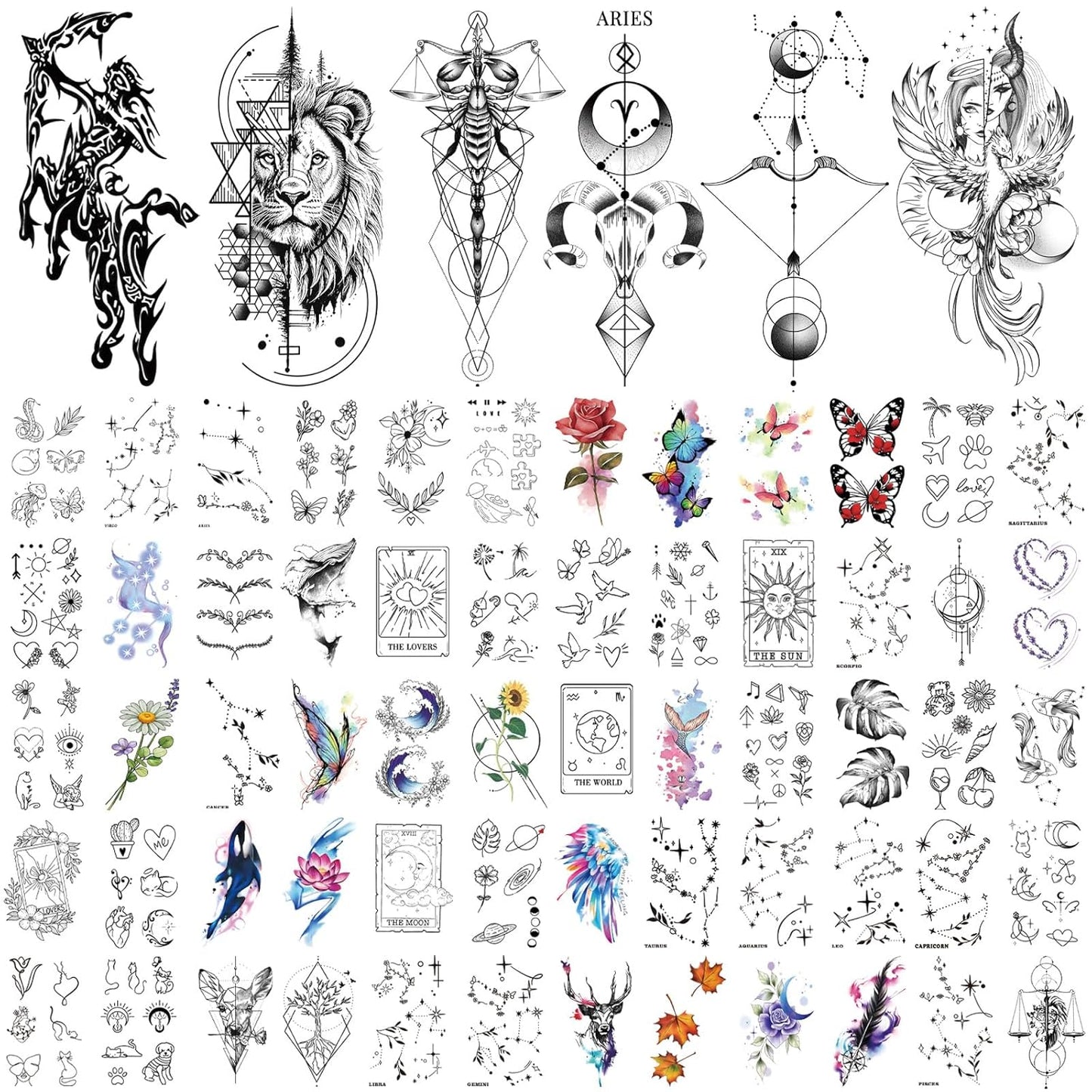 77 Sheets Temporary Tattoo, 17 Sheets Half Arm Lion Owl Antelope Rose Butterfly Constellation Chest Tattoos for Adults Men Women, 60 Sheets Small Tattoos Stickers for Boys Girls Kids Body Art Design