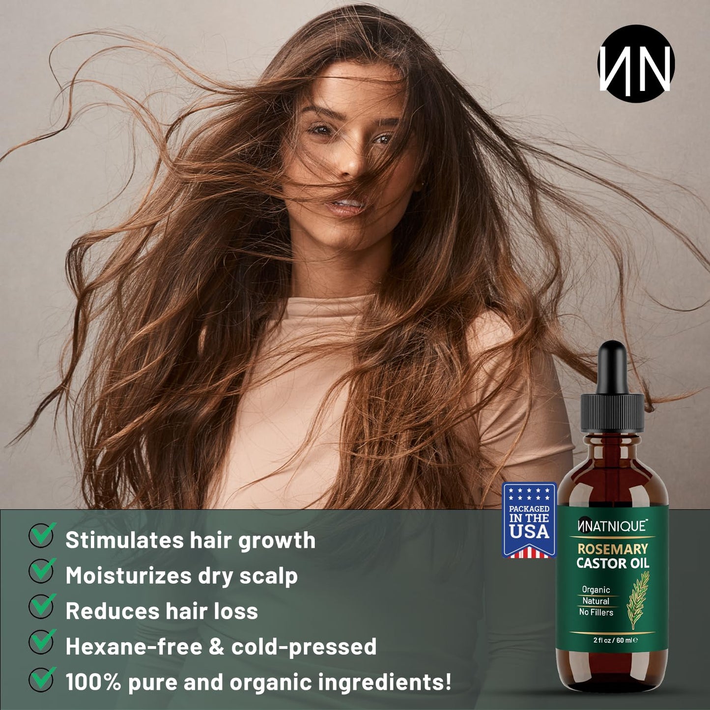 Natnique Rosemary Castor Oil – 100% Pure Cold-Pressed Organic Hair Growth Oil, Hexane-Free Scalp Serum & Moisturizing Treatment for Dry Scalp, Fuller Hair, Stronger Roots & Natural Care – 2oz