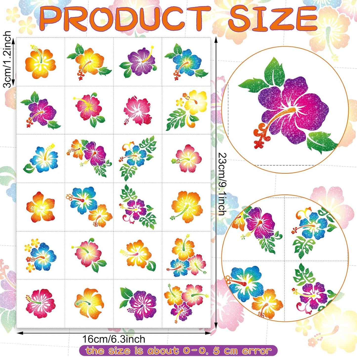 Nosiny 240 Pcs Hibiscus Glitter Tattoos Hawaiian Temporary Tattoos Flower Luau Stickers Summer Decal Stickers Tropical for Women Men Body Face Hawaiian Themed Party