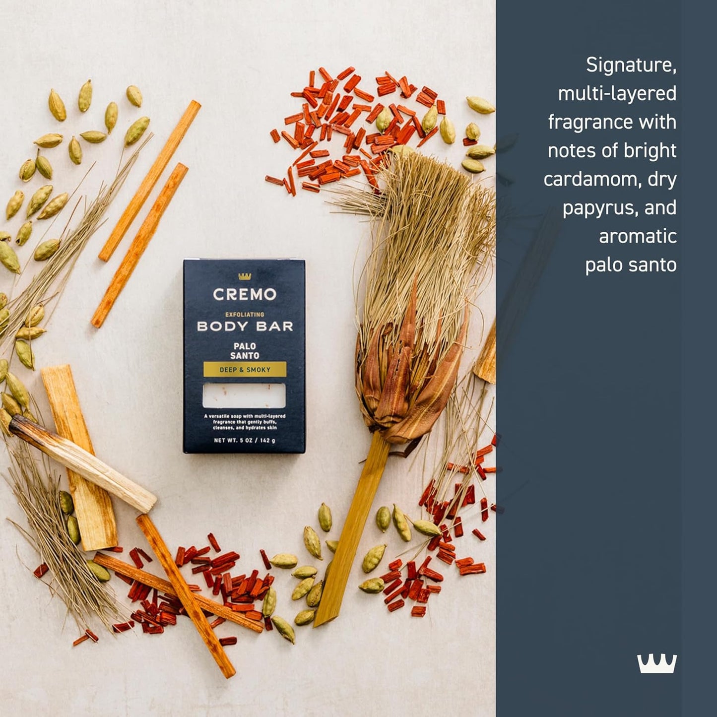 Cremo Exfoliating Body Bar for Men, Palo Santo Scent, Multi-Layered Fragrance That Buffs, Cleanses and Hydrates Skin, 5oz