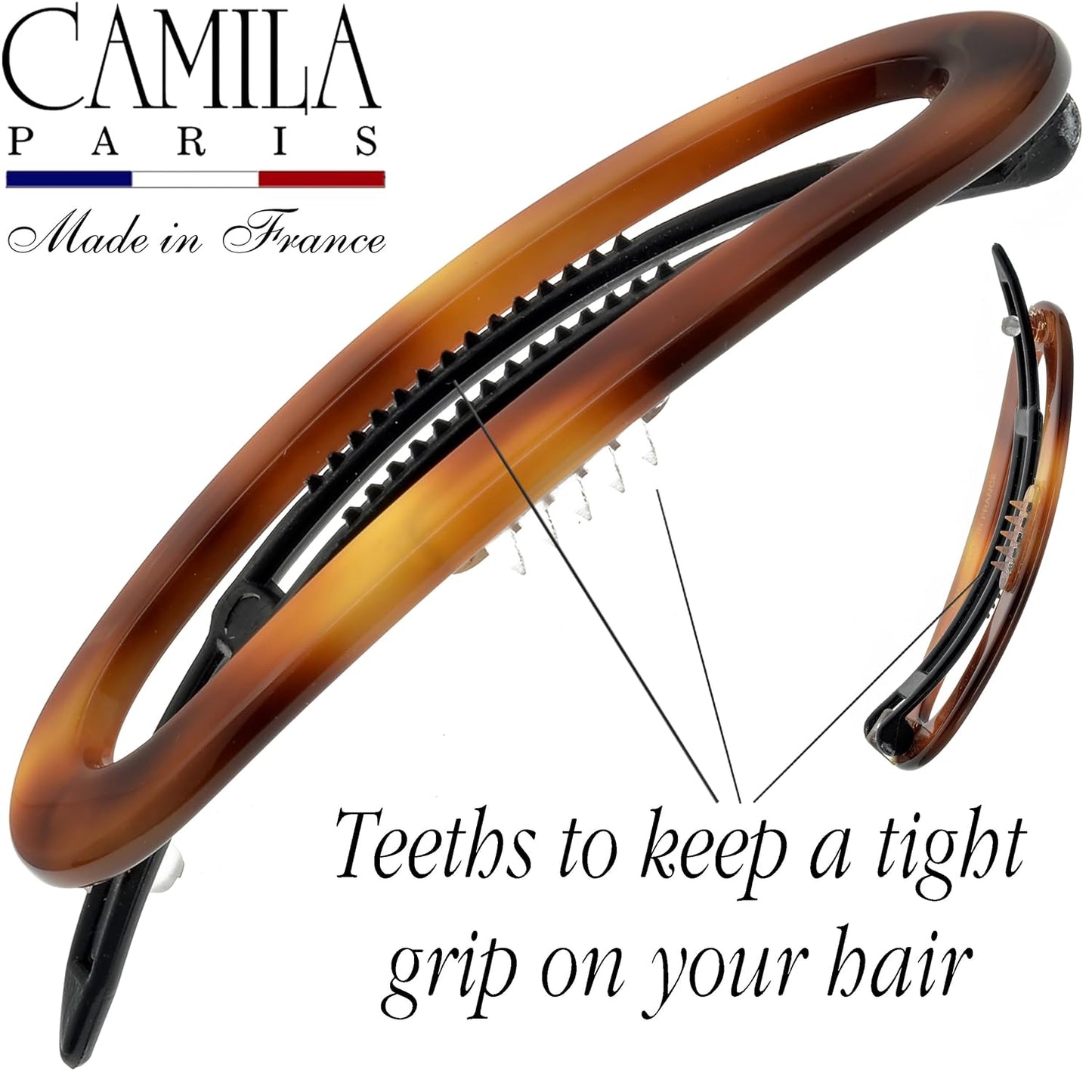 Camila Paris CP2249 French Hair Barrette Clip for Women, Handmade, Side Slide-in Metal-Free Closure Strong Hold Grip Hair Clips for Girls, No Slip Durable Styling Hair Accessories, Made in France