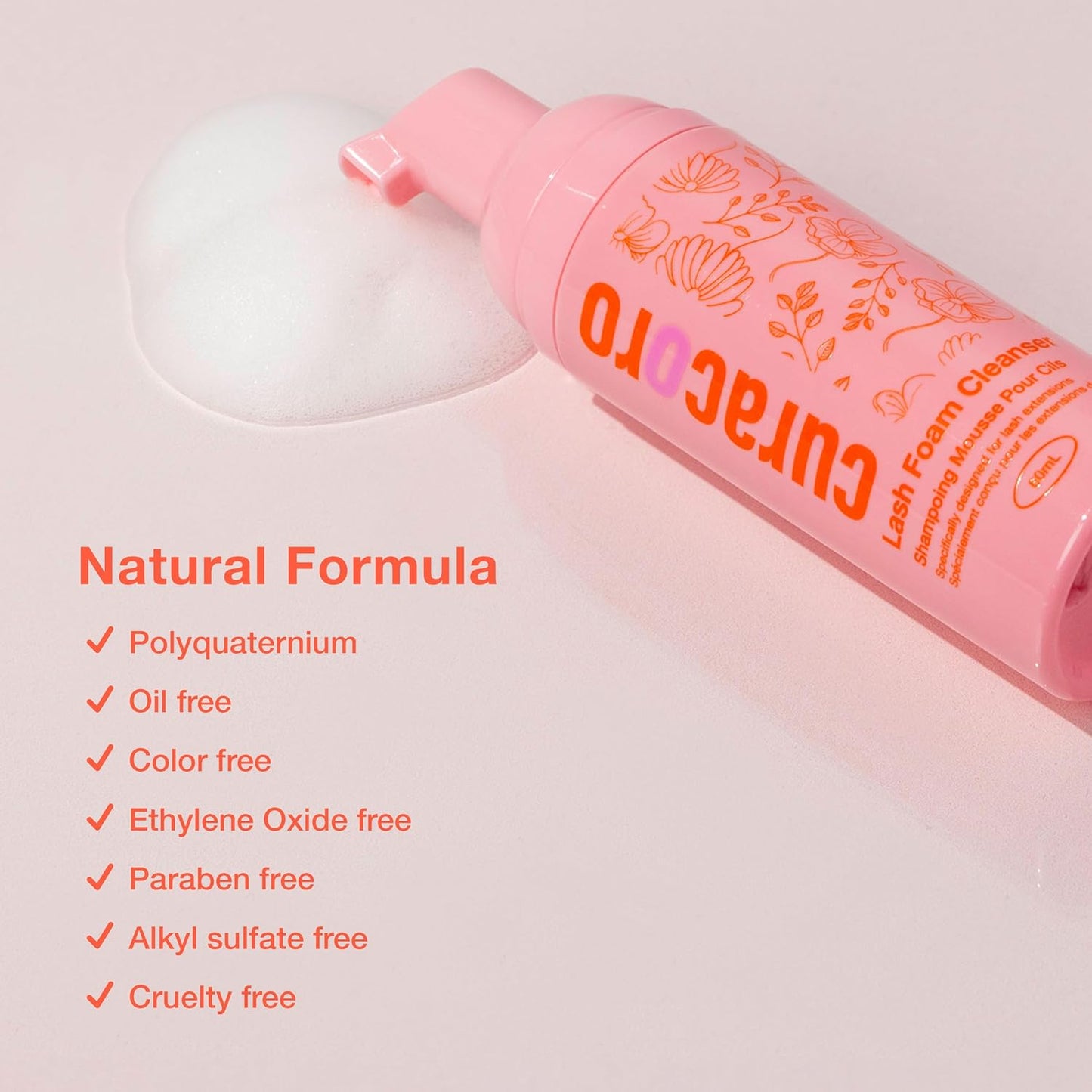 Curacoro 60ML Eyelash Extension Cleanser - Lash Shampoo for Lash Extensions, Eyelash Extension Foam Cleanser for Dry & Sensitive Skin, Gently Removes Waterproof Makeup for Professional & Home Use