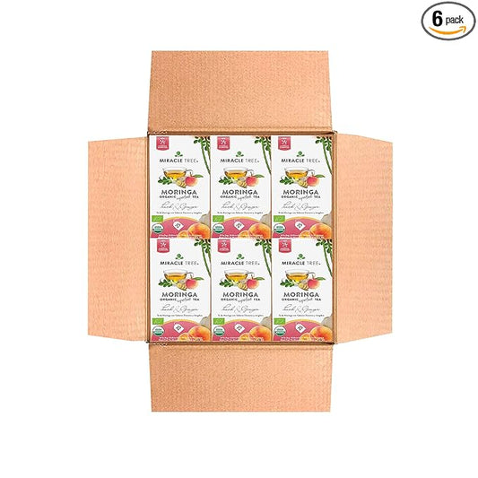 Miracle Tree - 6 Count of Organic Moringa Superfood Tea, 25 Individually Sealed Tea Bags, Peach & Ginger (Keto, Detox, Energy/Immunity Booster, Vegan, Gluten-Free, Organic, Non-GMO, Caffeine-Free)