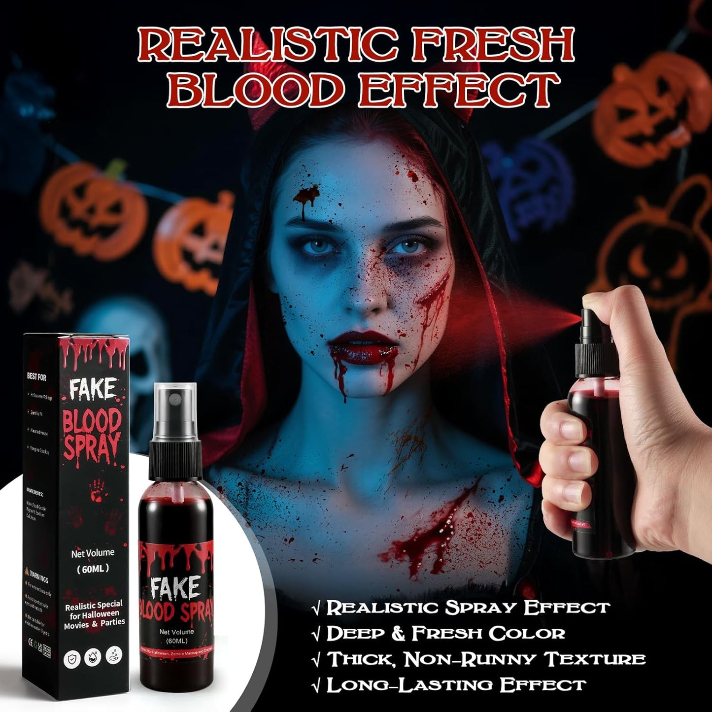 Halloween Fake Blood Spray – 60ML Fresh Realistic Fake Blood for SFX Makeup, Vampire Zombie Cosplay,Mouth Body Clothes Stage Effects – Easy to Use and Washable
