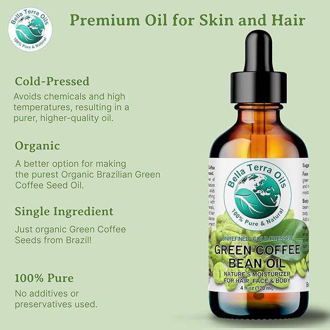 Bella Terra Oils - Green Coffee Bean Oil 4 oz - Rich in Quinic Acid & Lignans, Cold-Pressed from Authentic Coffee Beans, Premium Skin Nourishment