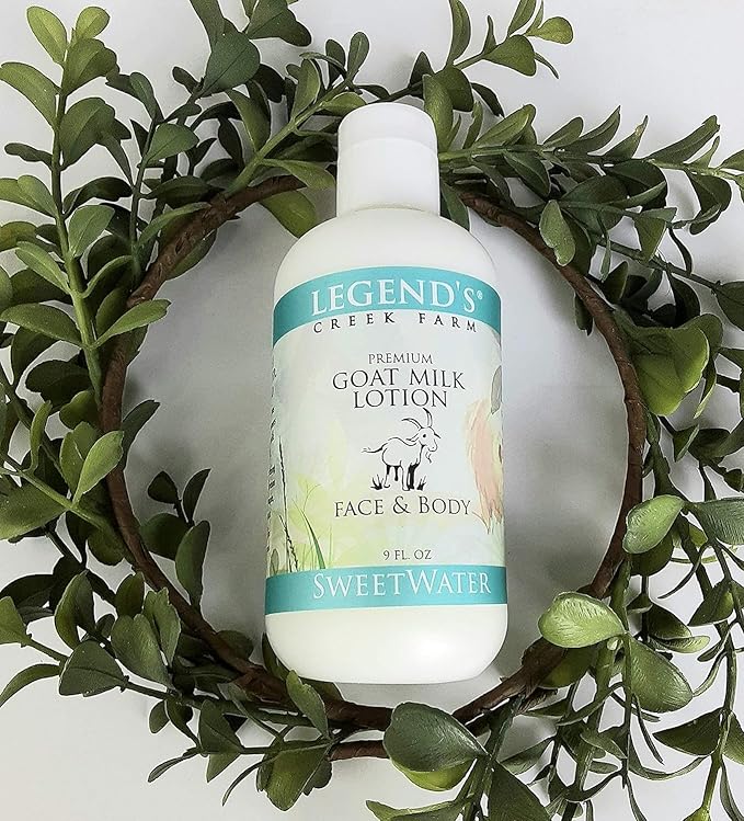 Legend's Creek Farm Goat Milk Lotion - Moisturizing Goat Milk Body Lotion for Body, Hand & Face - 9 oz Body Moisturizer with Shea Butter, Sunflower Oil, Aloe, Handmade in USA (2-pack, Sweetwater)