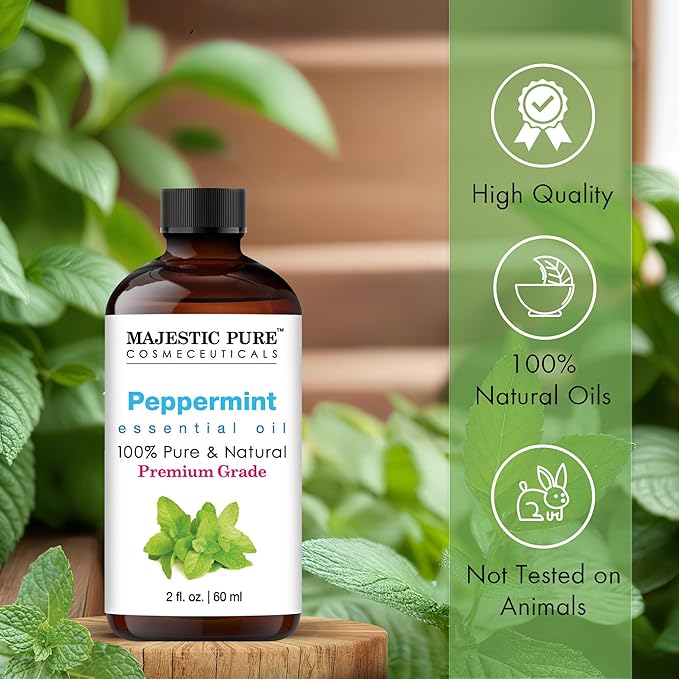 MAJESTIC PURE Peppermint Essential Oil with Glass Dropper | 100% Pure and Natural Peppermint Oil | Premium Grade Essential Oils for Diffusers, Skin, Aromatherapy, Massage | 2 Fl Oz
