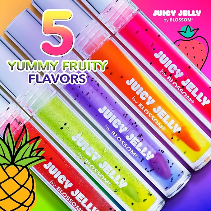 Blossom Juicy Jelly Moisturizing Lip Care Fruit Flavored Nourishing Lip Oil + pH Technology Color Changing Shimmering Lip Balm, 2 Pack Bundle, Strawberry/Electric Pink