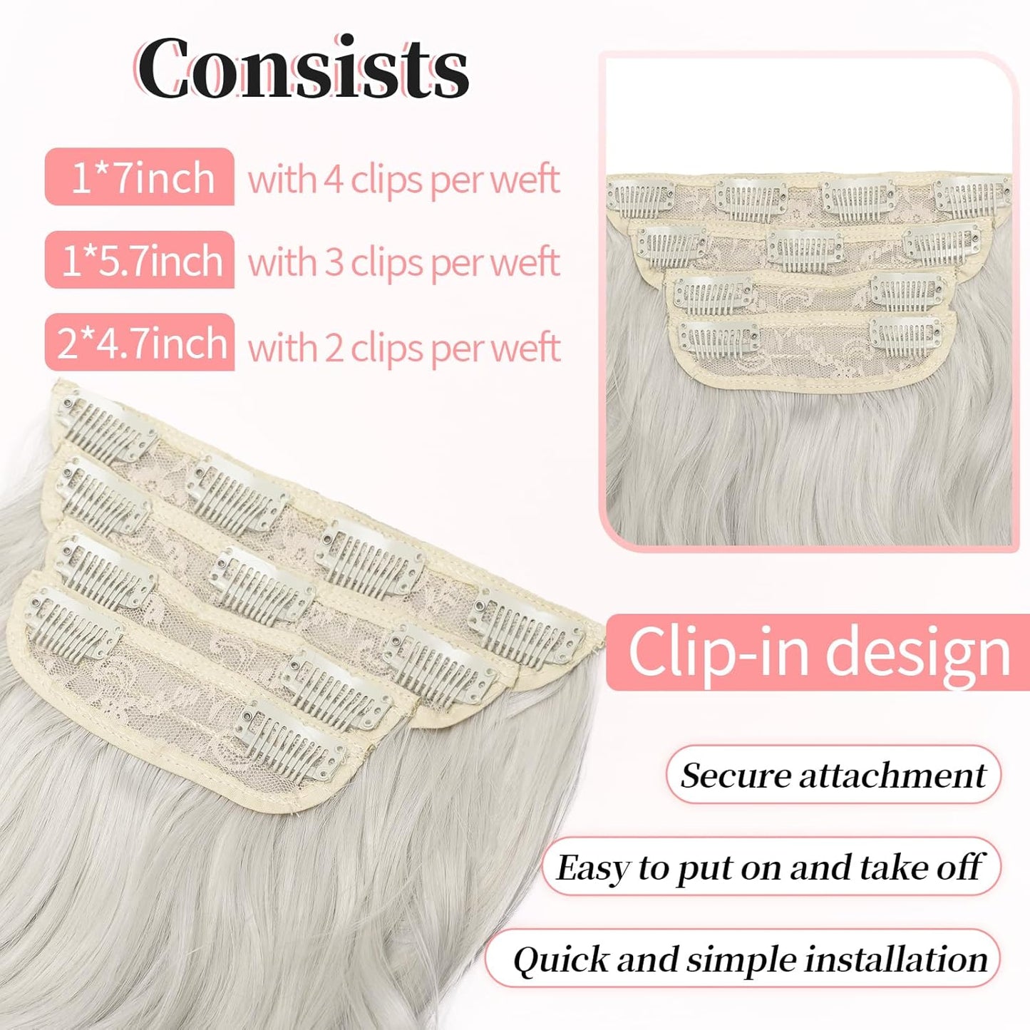 KooKaStyle Clip in Synthetic Hair Extensions Long Wavy 4PCS Thick Hairpieces Silver Grey Blonde Fiber Double Weft Natural Hair Extensions 24 Inch for Women