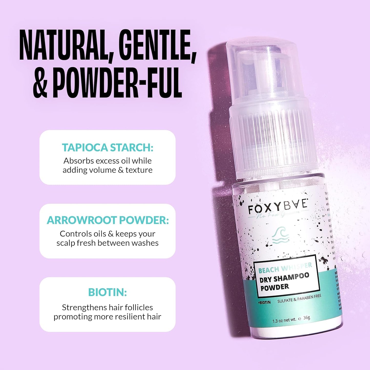FoxyBae Dry Shampoo Powder – Non-Aerosol Formula with Biotin, Tapioca & Arrowroot – Absorbs Oil & Adds Volume – For Dark, Brunette & Blonde Hair – Beach Whisper – 1.3 oz