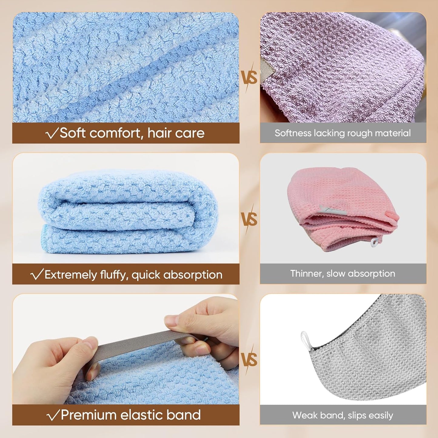 HOMEXCEL Blue Microfiber Hair Towels 5 Pack- 40 x 20 inches Super Soft, Fast Drying Turbans for Long, Thick, Curly Hair - Anti Frizz Wrap with Elastic Strap, Blue/Pink/Grey