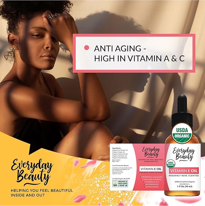 Organic Vitamin E Oil Heavenly Rose Scented USDA Certified 100% All Natural Plant Based 1 Fl Oz Glass Bottle & Dropper - Lightweight Great for Scars After Surgery - Reduce Wrinkles, Anti Aging