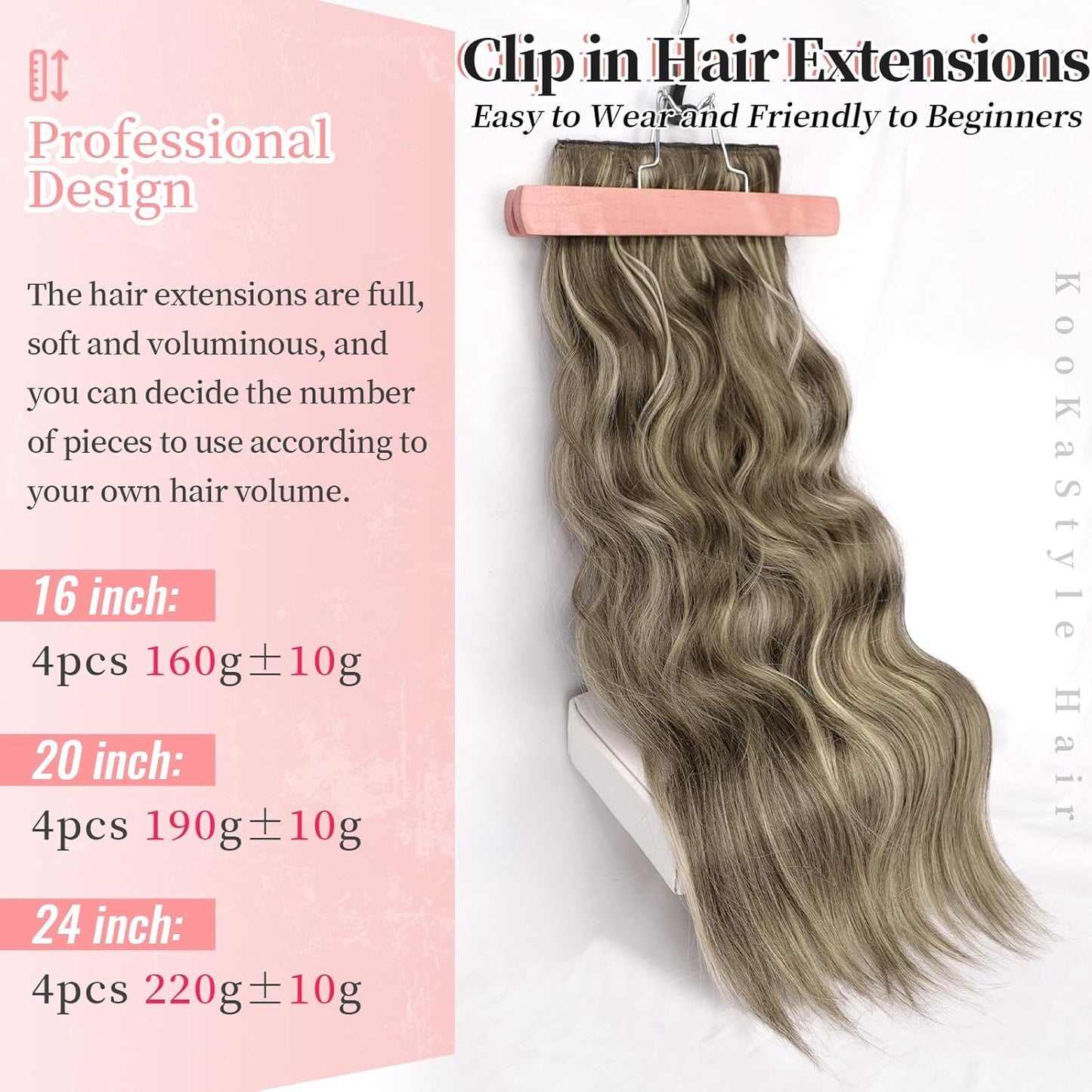 KooKaStyle Clip in Synthetic Highlight Hair Extensions Long Wavy 4PCS Thick Hairpieces Medium Brown Ash Blonde Fiber Double Weft Natural Hair Extensions 20 Inch for Women