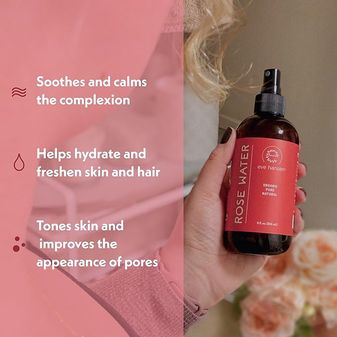 Eve Hansen Skincare Duo: Organic Rose Water Spray (8 oz) & Collagen Face Mask Sheets (Set of 5) – Hydrating & Soothing Care with Hyaluronic Acid & Botanical Extracts – Set of 2 Products