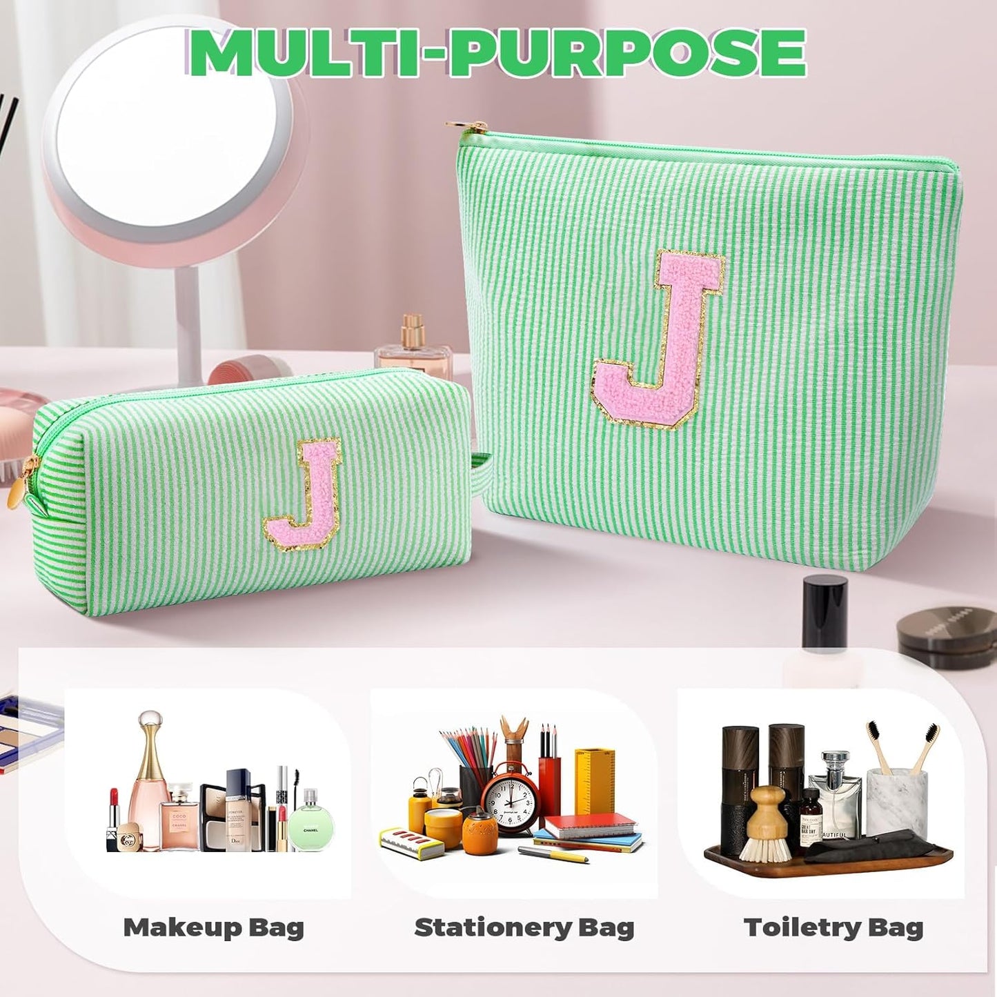 Monogrammed Gifts for Women - Cosmetic Bag for Teen,Initial Cute Makeup Bag Set for Women,Trendy Pouch for Niece Sister Friend Female Her,Birthday Gifts for Daughter - Green,J