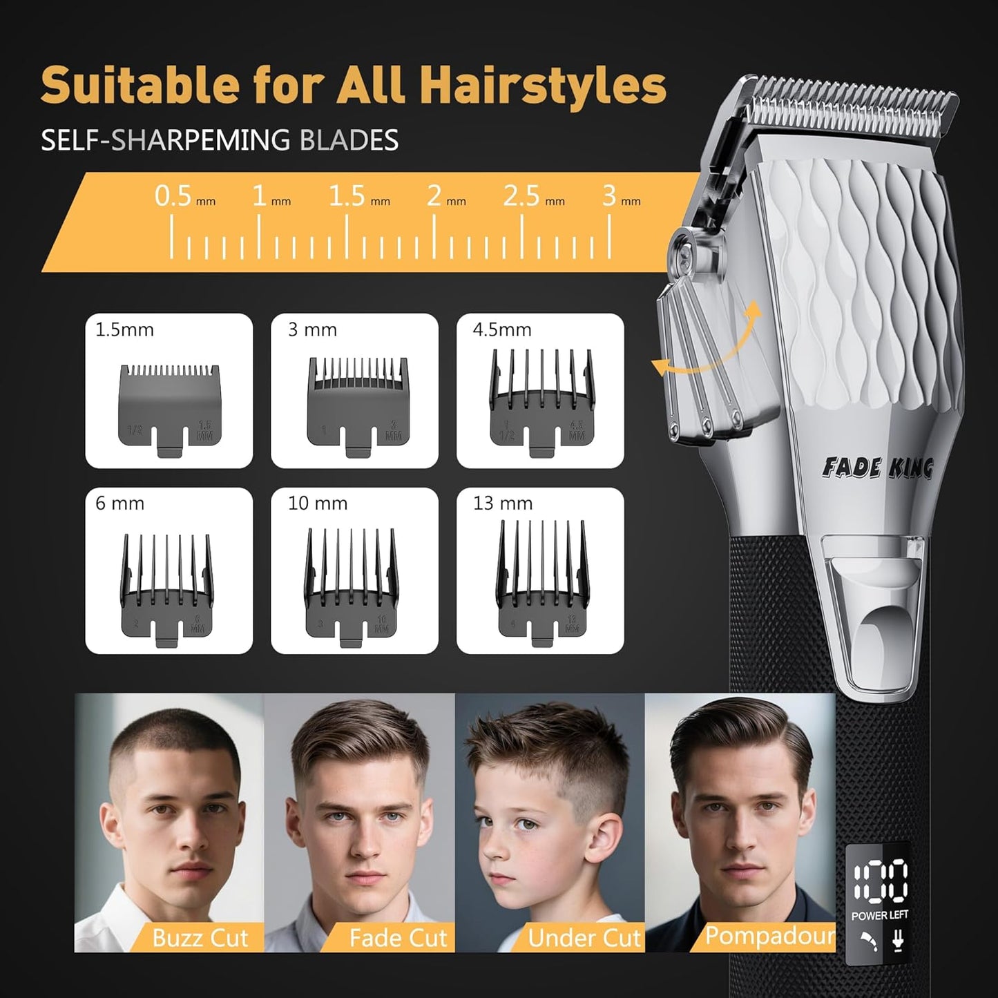 FADEKING® Professional Hair Clippers for Men, Cordless Hair Clippers and Beard Trimmer for Men, Professional Barber Clippers for Hair Cutting and Beard Shaping & Grooming (Silver Black)