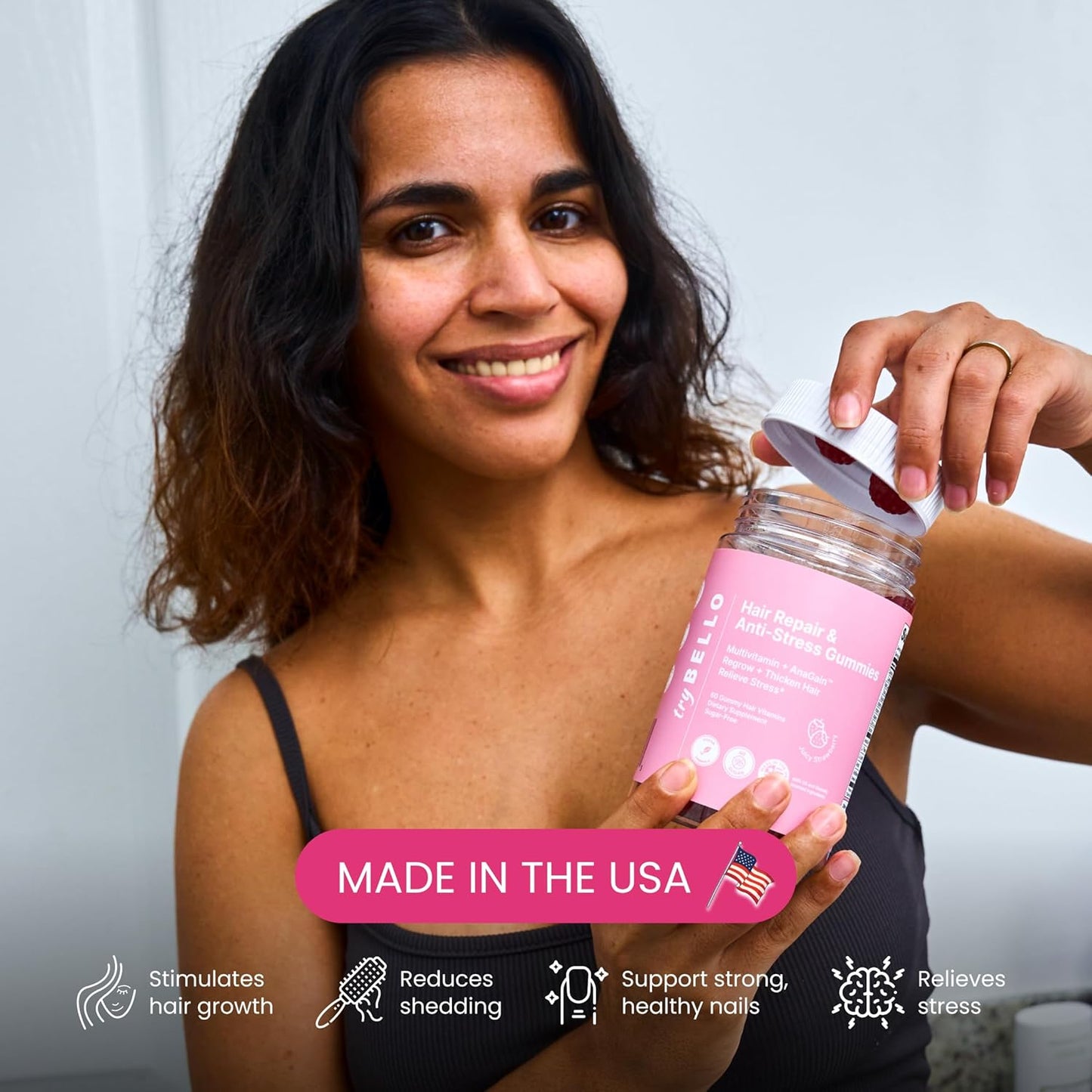 Trybello Anti-Stress & Hair Growth Gummies for Women | Sugar-Free, Vegan Hair Supplements | Gluten-Free, Soy-Free, Dairy-Free Gummy Vitamins for Thicker, Healthier Hair | 30 Servings