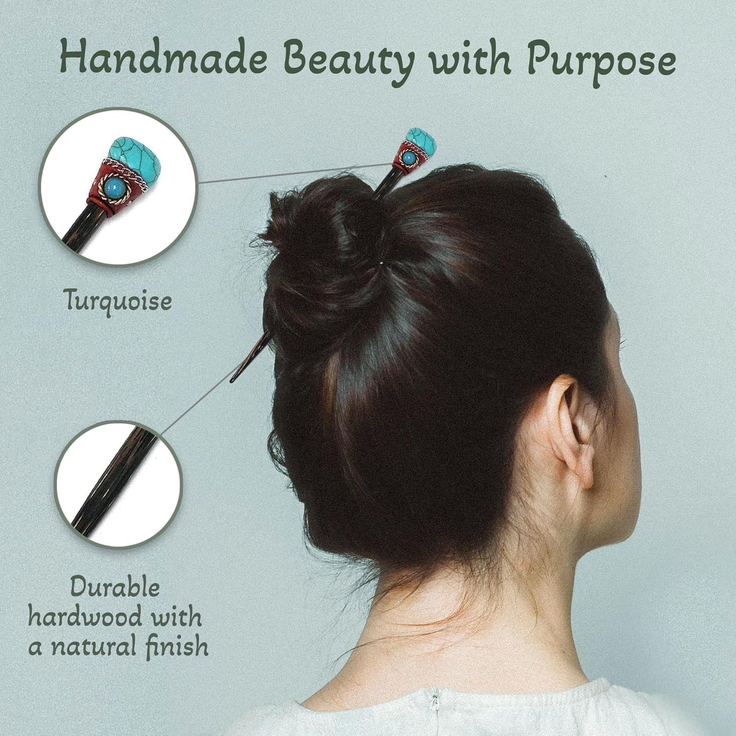 Mia Jewel Shop - Natural Tumbled Healing Gemstone Crystal Chonta Wooden Hair Sticks – Handmade Hair Sticks for Women | Hair Pins Boho Reiki Accessories, Fashion Gifts (Turquoise)