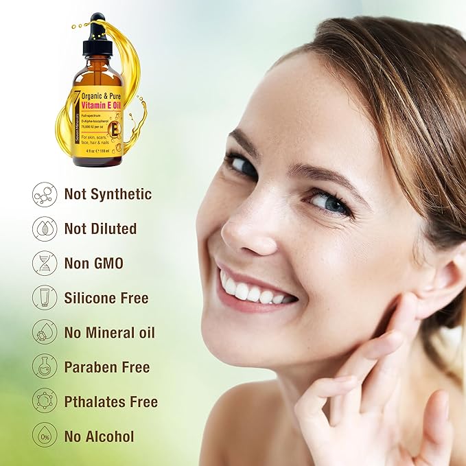 Seven Minerals Ultra Pure Vitamin E Oil - 300,000 IU Full-Spectrum D-Alpha Tocopherol per 4 Oz Bottle - 100% Organic Vitamin E Oil for Skin, Face, Hair, and Scars - Naturally Occurring = Not Synthetic