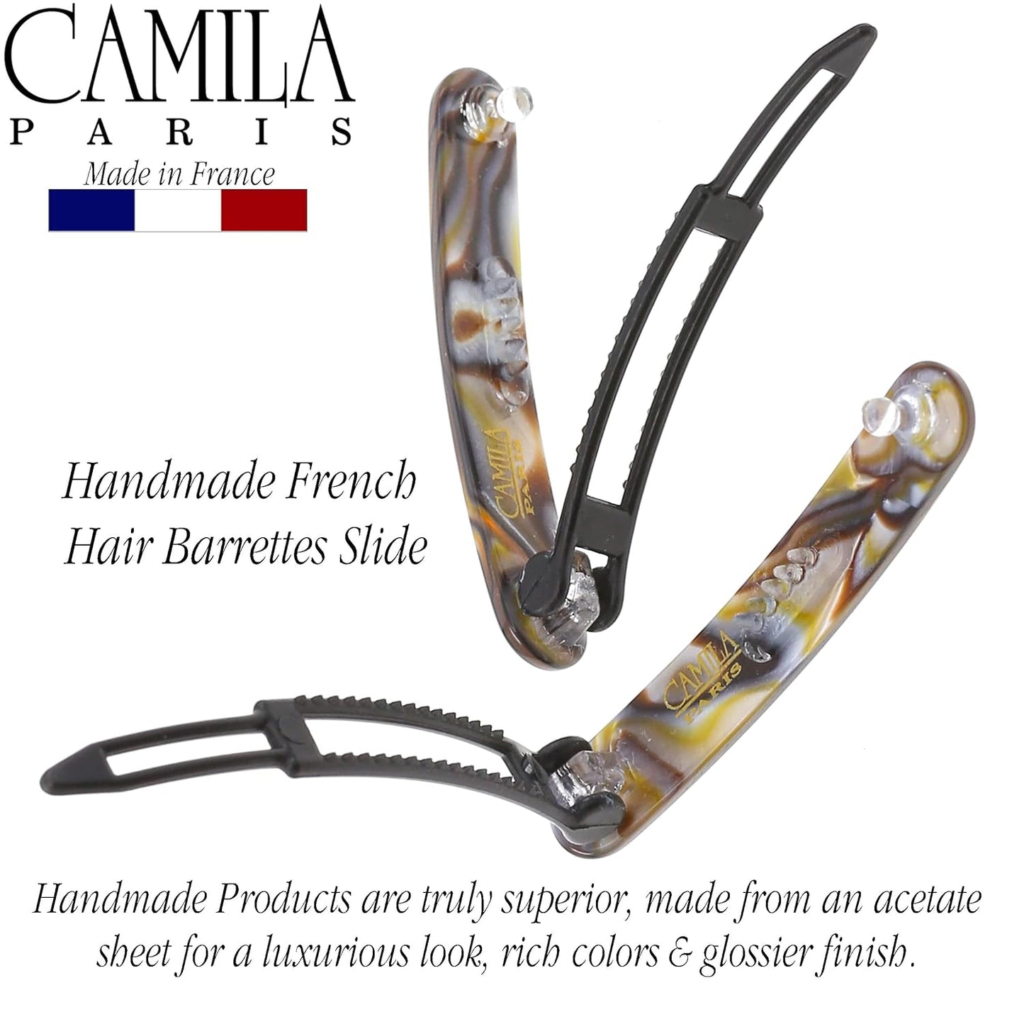 Camila Paris CP3377 French Hair Barrettes Clips for Women, Handmade Onyx, Girls Side Slide-in Barrette Clip, Hair Accessories for Women. Strong Hold No Slip Grip Durable and Styling, Made in France