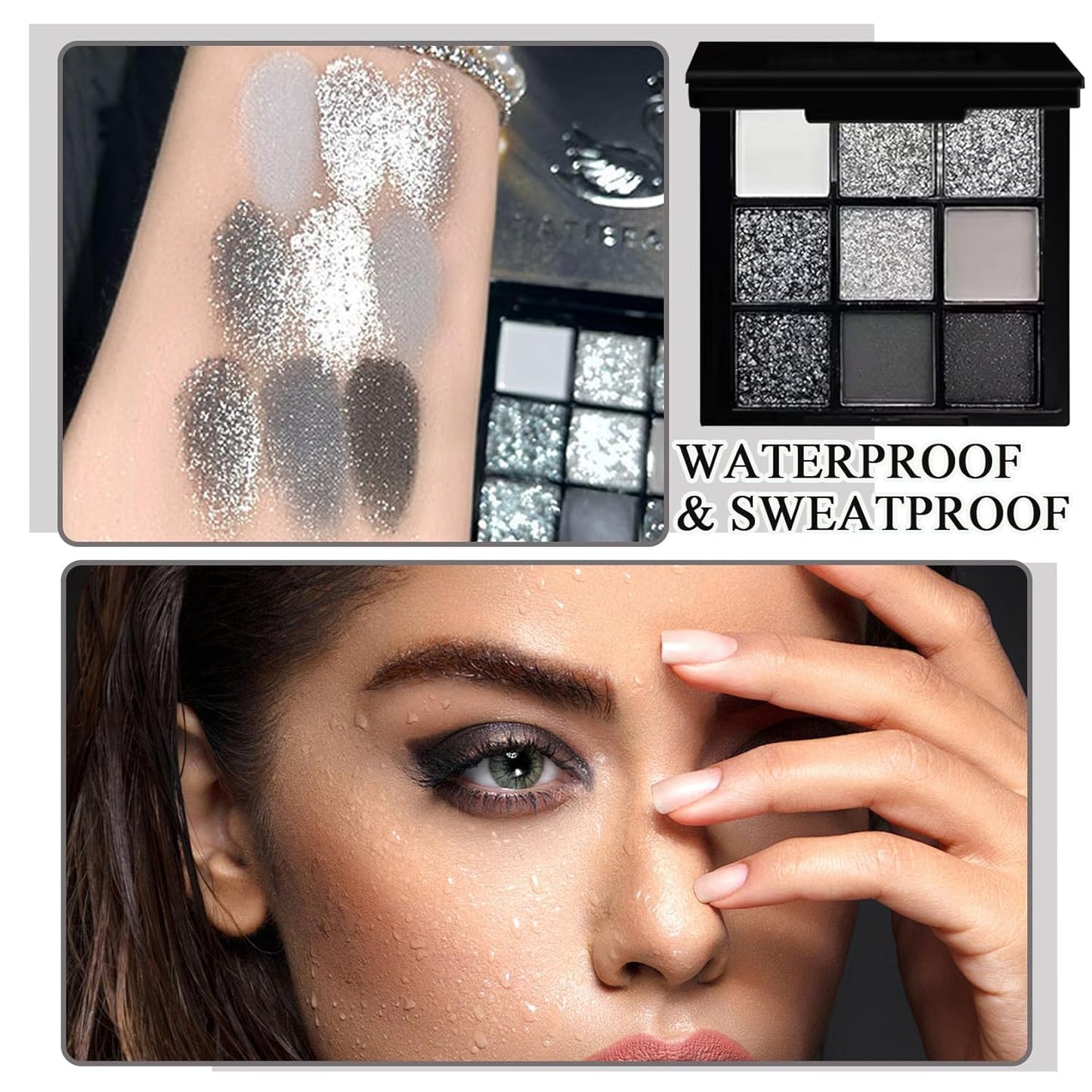 Black Grey Smoky Eyeshadow Palette,15 Colors Matte Shimmer Pigmented Eye Shadow Makeup Palette Set with 3 Eyeshadow Brushes,Glitter Eye Shadow Palette for Daily Halloween Goth Makeup(J)