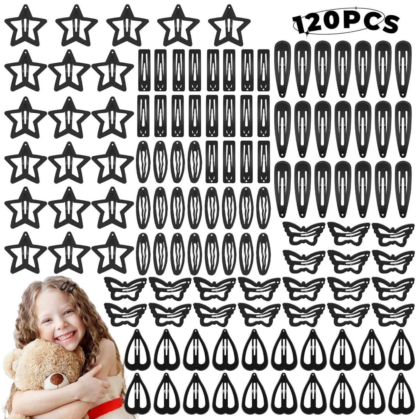 120PCS Black Hair Clips for Girl Metal Snap Hair Barrettes, 2 Inch Hair Accessories for Girl & Kids Women (6 Styles) By CYBAUG